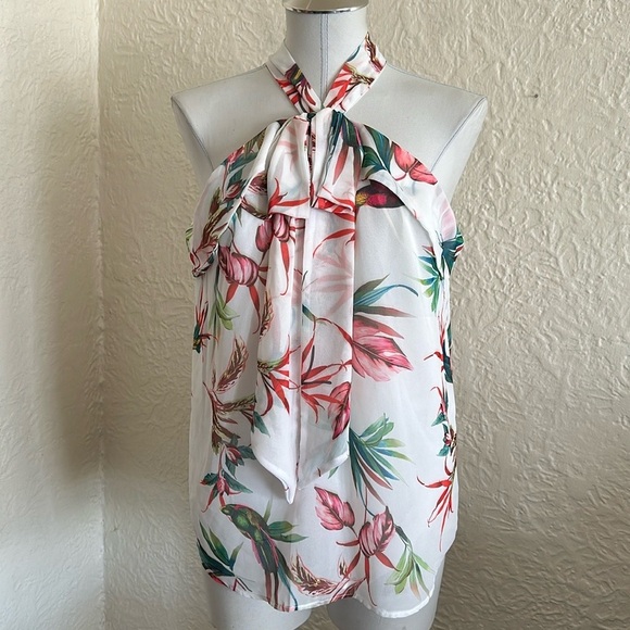 Sweet Pea x New York & Company Birds of Paradise Flower Bow Neck Top Shirt NWT - Picture 1 of 9